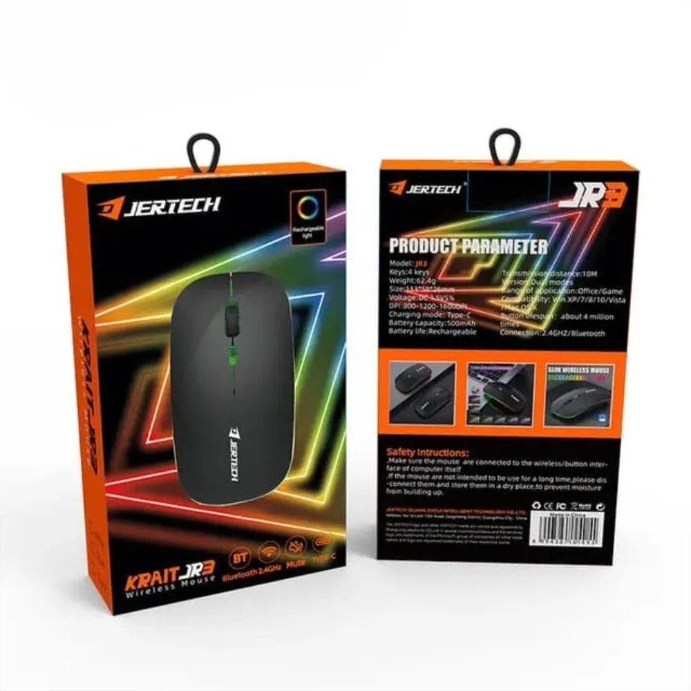 Mouse Inalámbrico Recargable Bluetooth Y USB 2.4G Con Luz RGB Jertech JR3 - Image 4